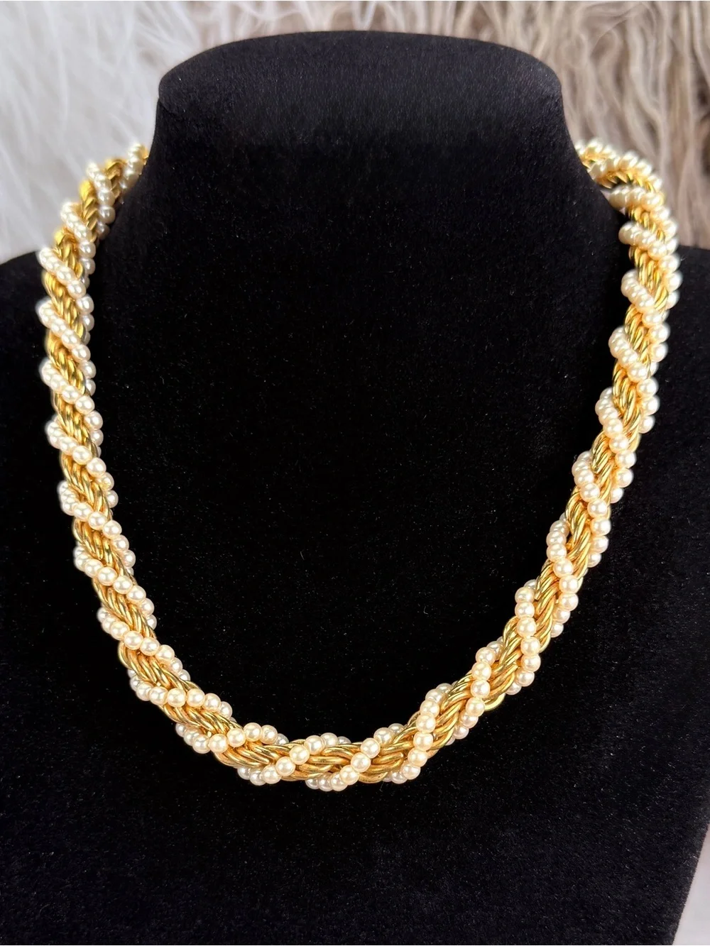 Vintage Napier Faux Pearl Rope Chain Gold Tone Necklace Signed Designer